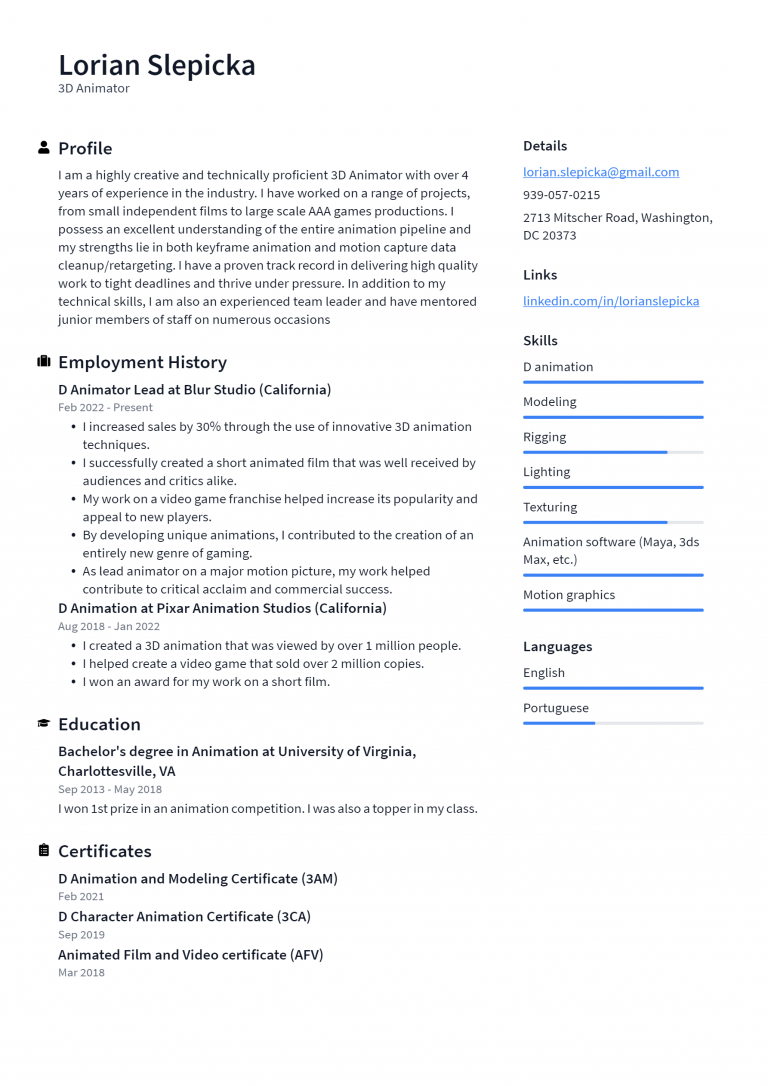 3D Animator Resume Example and - 3d Animator Resume Example 768x1086