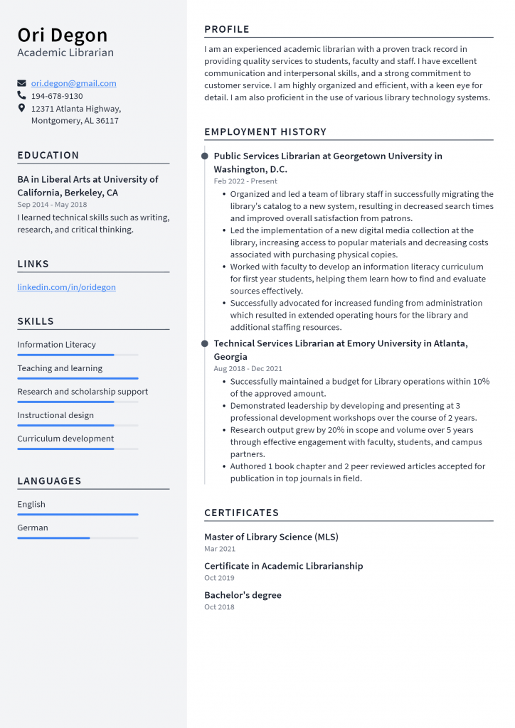 Academic Librarian Resume Example