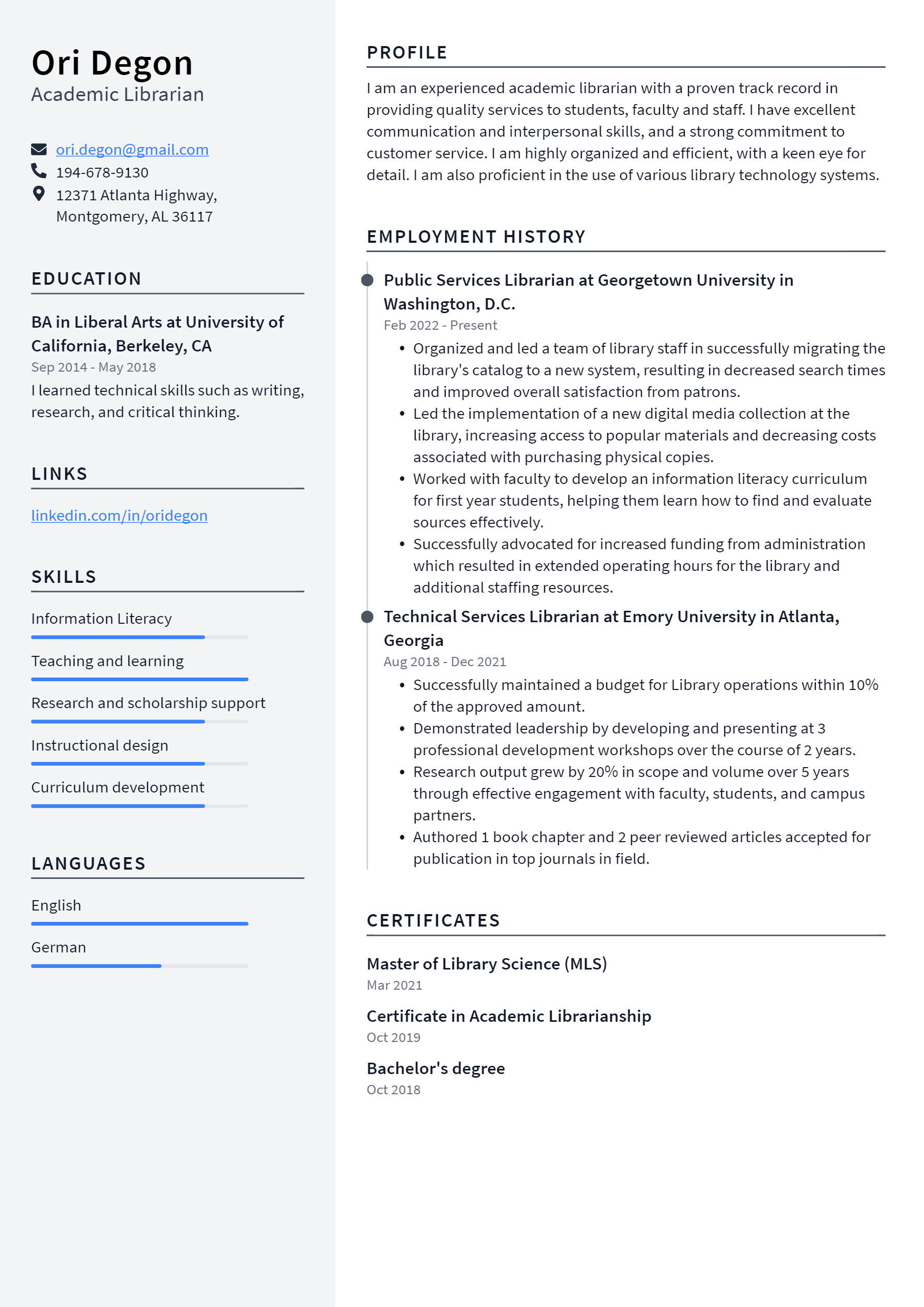 resume format for librarian freshers