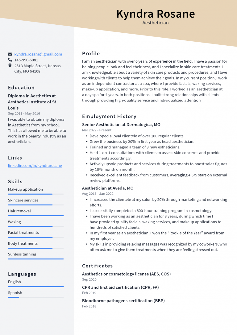 Aesthetician Resume Example and - Aesthetician Resume Example 768x1086 