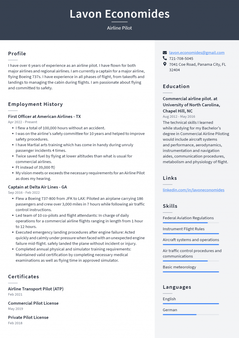 Airline Pilot Resume Example and - Airline Pilot Resume Example 768x1086 