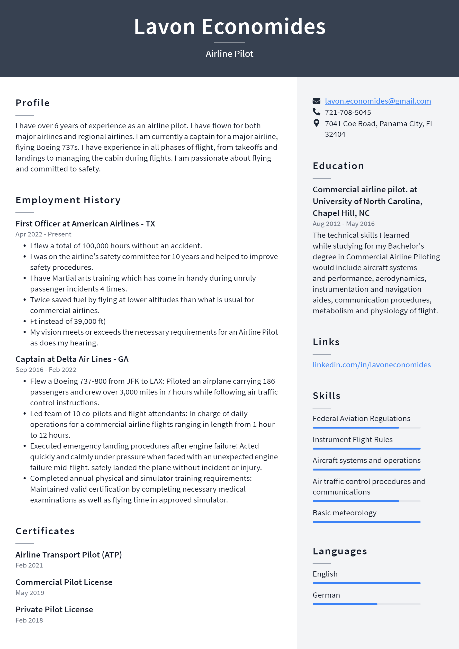 Airline Pilot Resume Example and Writing Guide ResumeLawyer