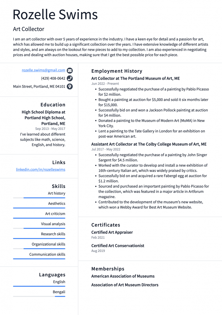 Art Collector Resume Example