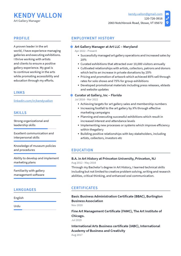 Art Gallery Manager Resume Example