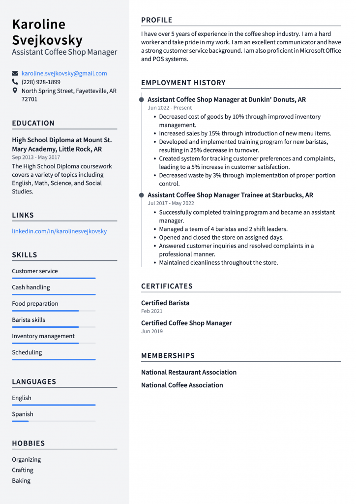 Assistant Coffee Shop Manager Resume Example
