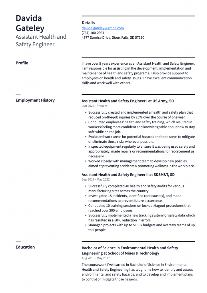 Assistant Health and Safety Engineer Resume Example