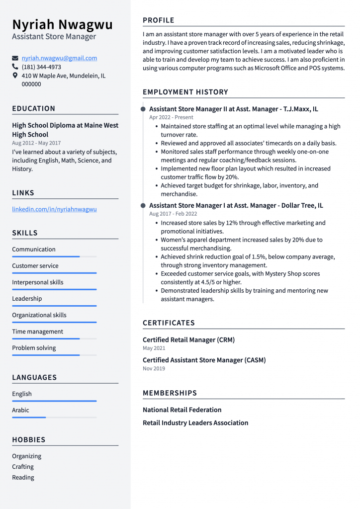 Assistant Store Manager Resume Example