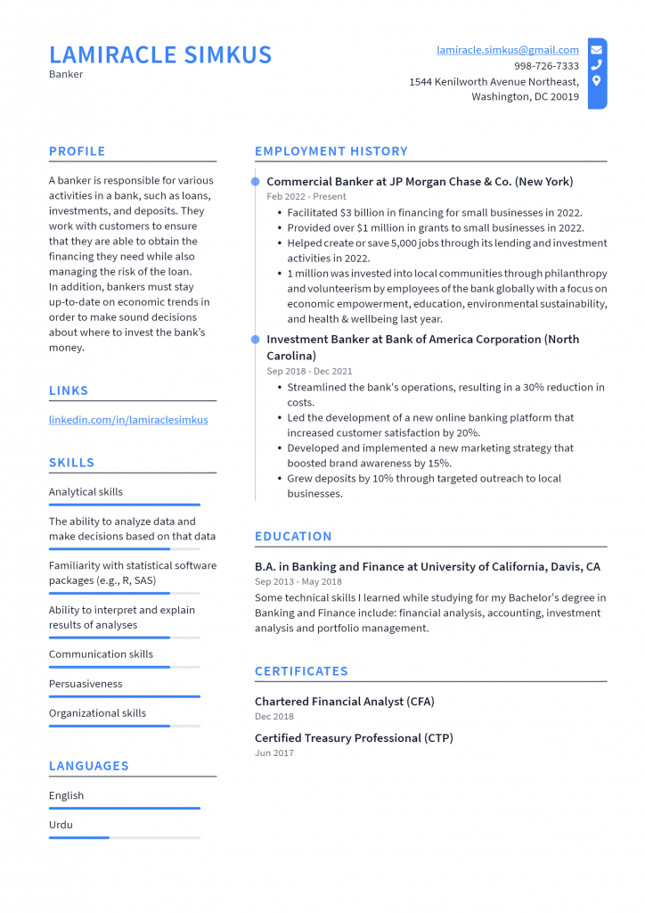 Banker Resume Example