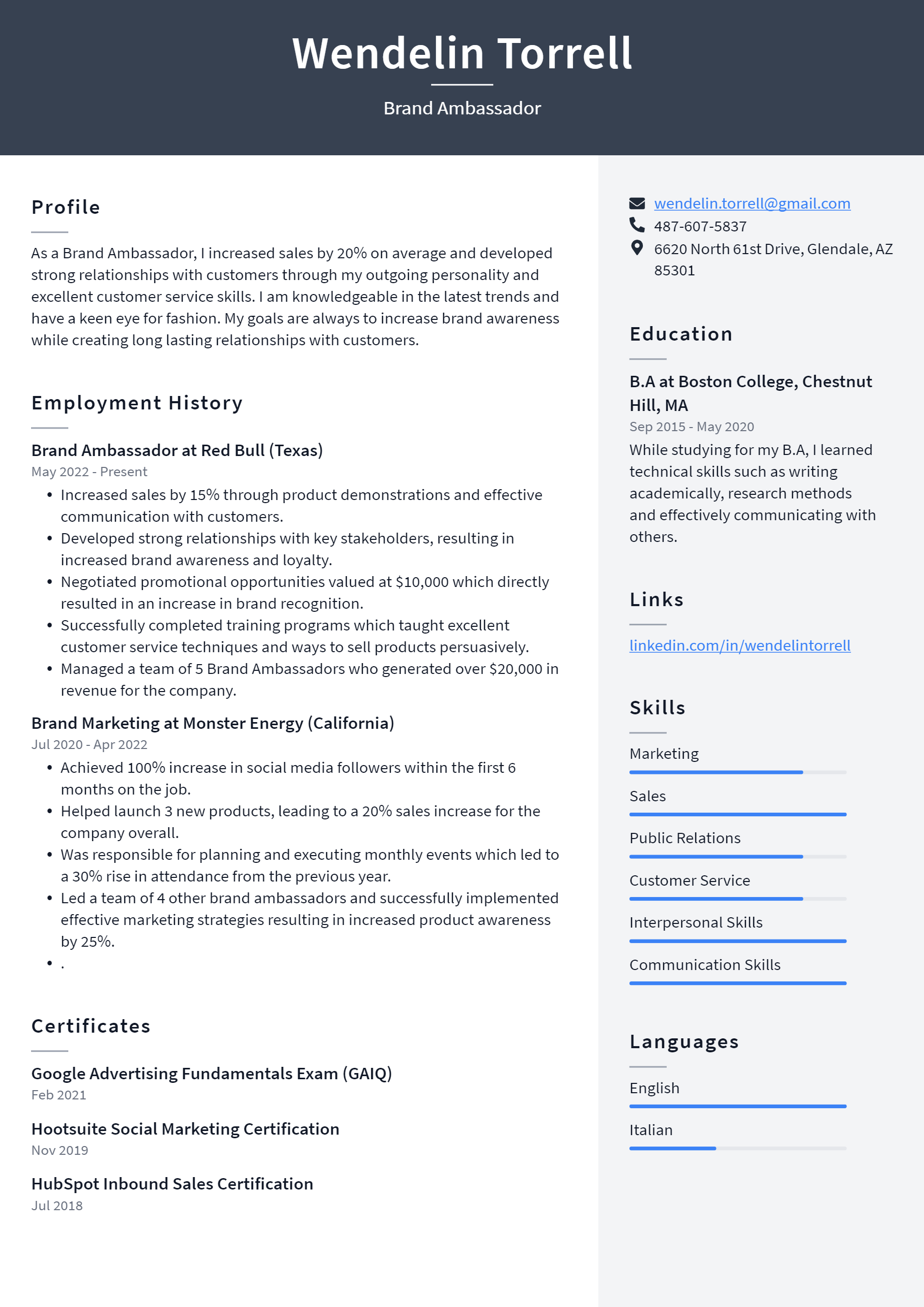 Brand Ambassador Resume Example and Writing Guide - ResumeLawyer