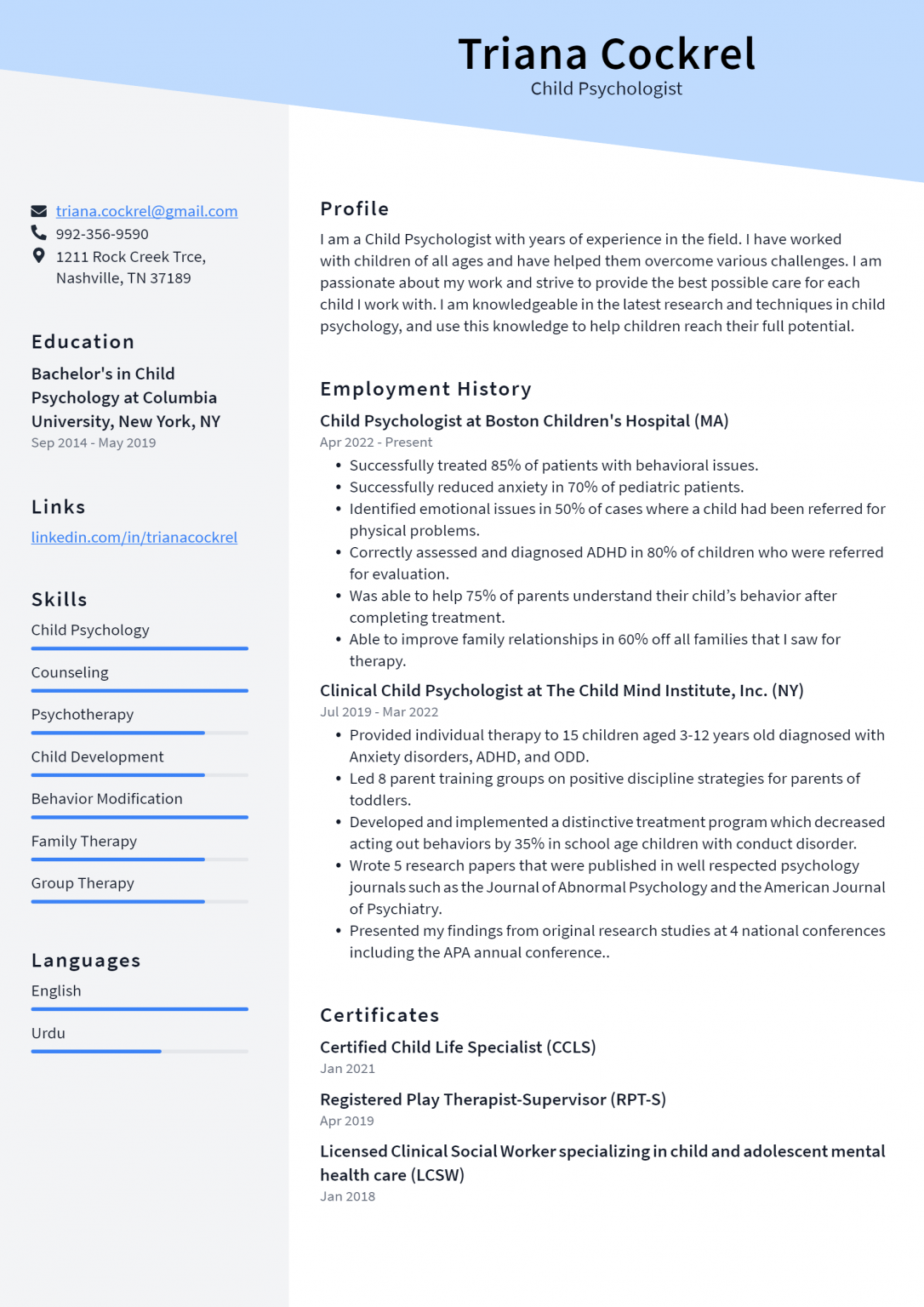 Child Psychologist Resume Example and Writing Guide - ResumeLawyer