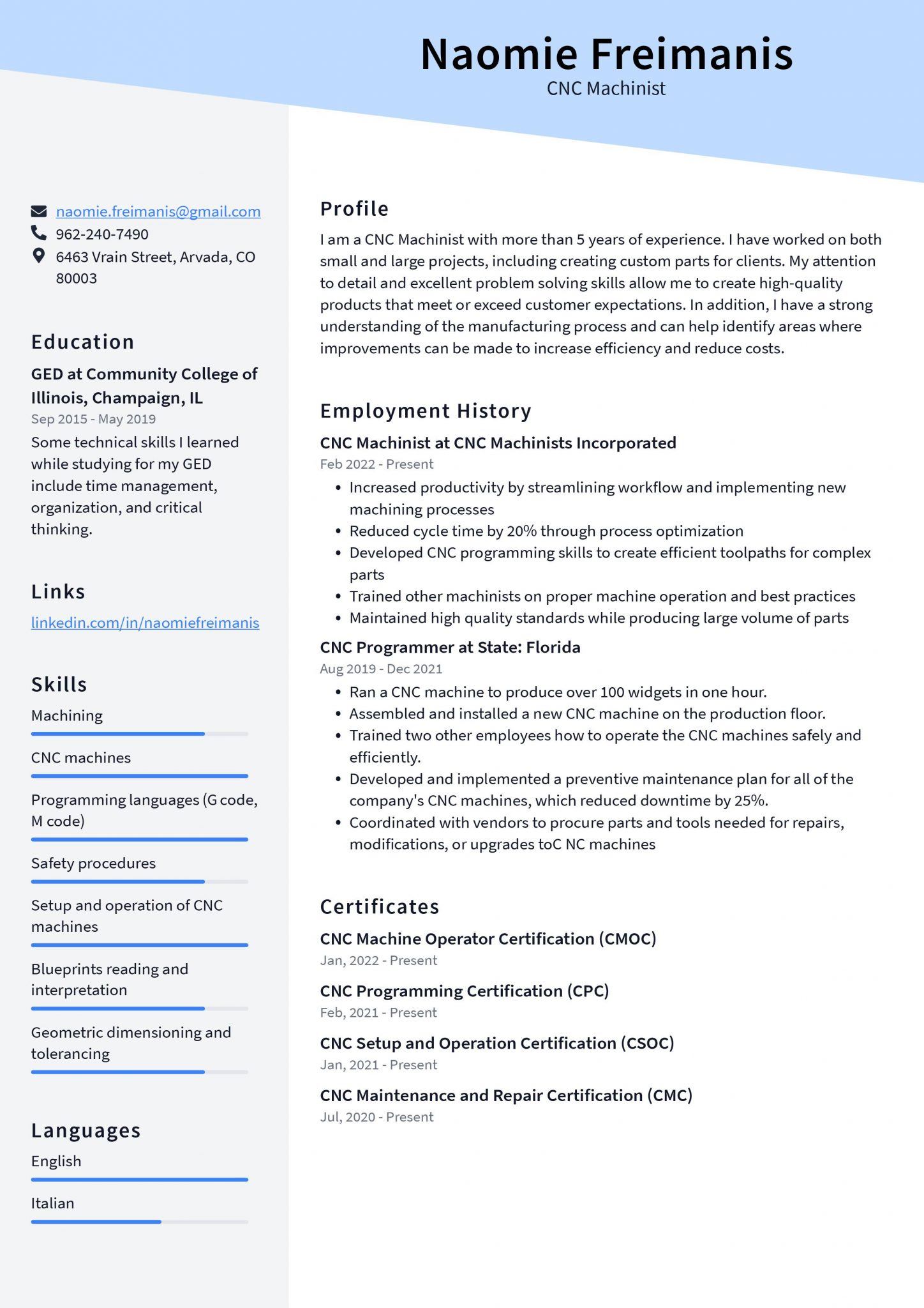 CNC Machinist Resume Example and Writing Guide - ResumeLawyer