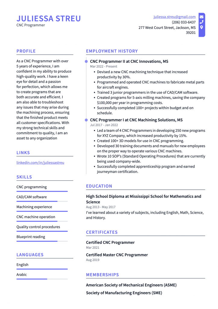 CNC Programmer Resume Example