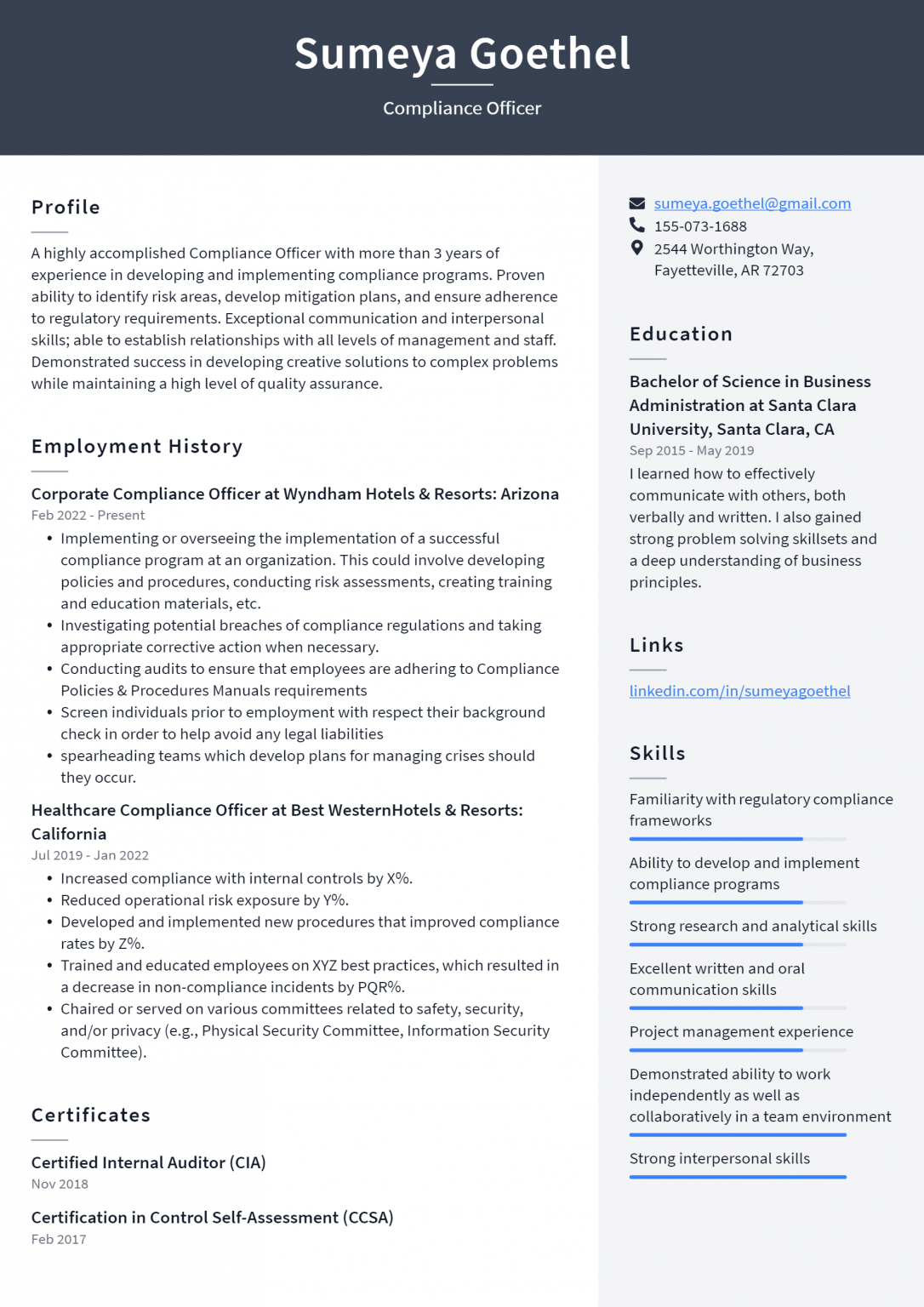 Compliance Officer Resume Example and Writing Guide ResumeLawyer