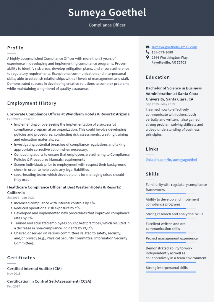 Compliance Officer Resume Example