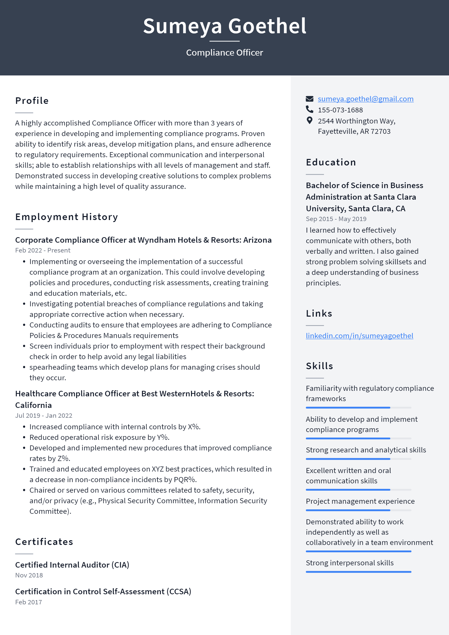 Compliance Officer Resume Example and Writing Guide - ResumeLawyer