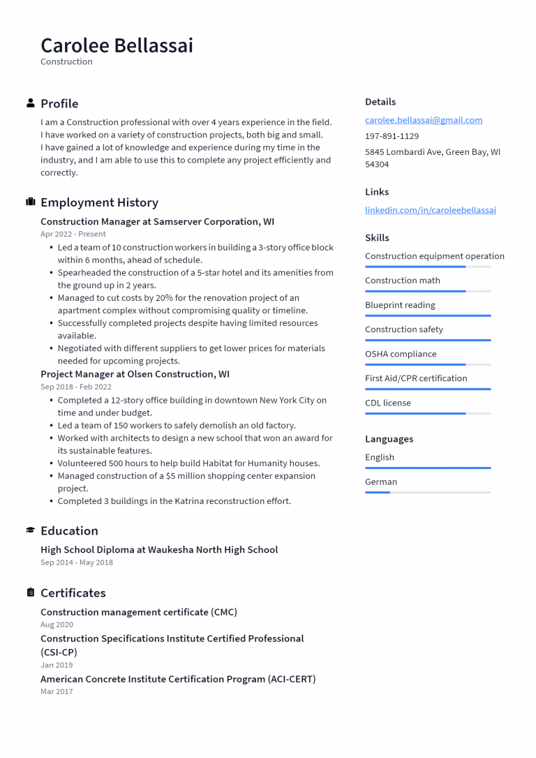 Construction Resume Example and - Construction Resume Example 768x1086 