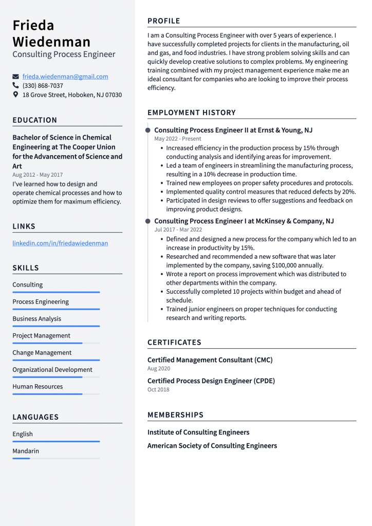 Consulting Process Engineer Resume Example