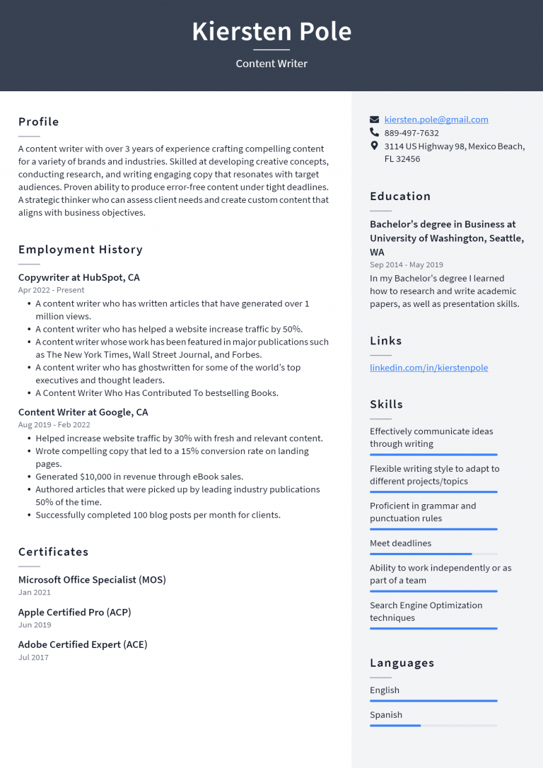 Content Writer Resume Example and Writing Guide - ResumeLawyer