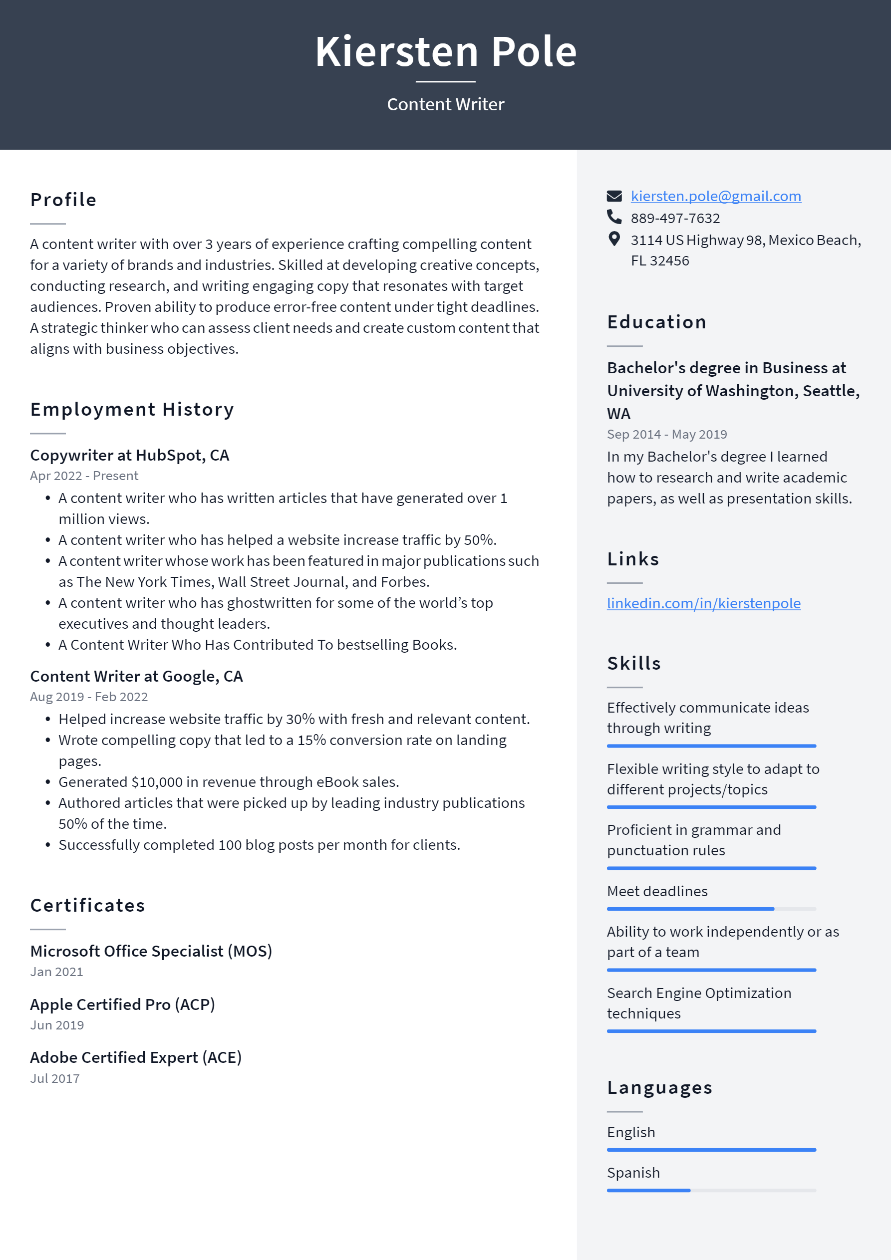 content writer resume download
