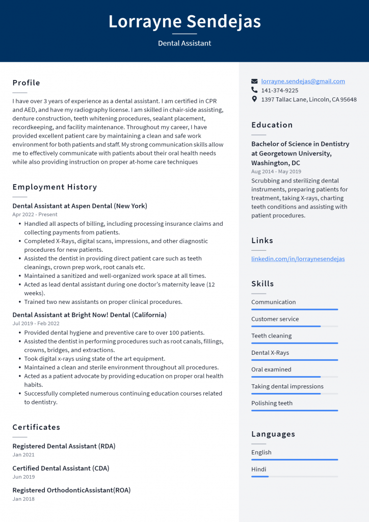 Dental Assistant Resume Example