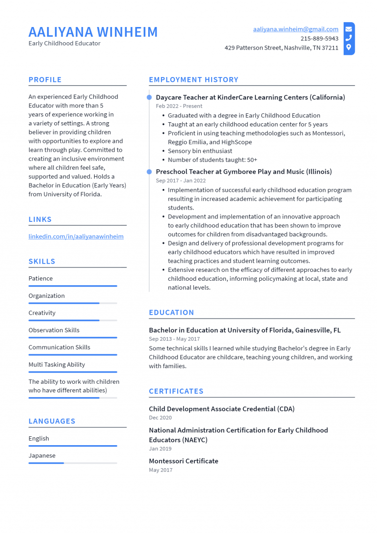 Early Childhood Educator Resume Example and Writing Guide - ResumeLawyer