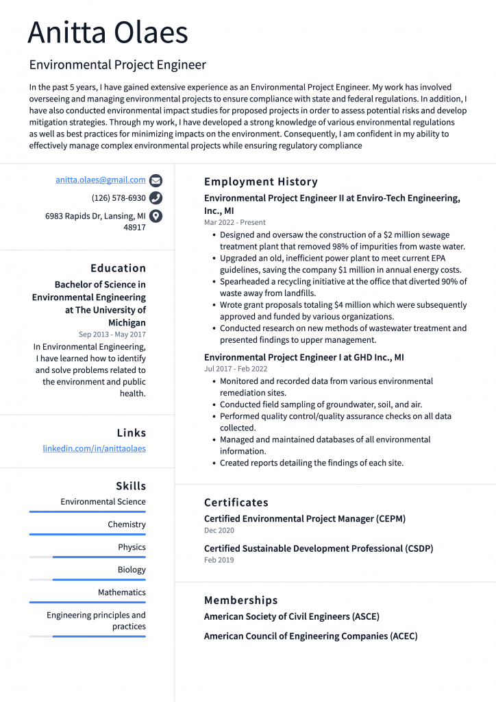 Environmental Project Engineer Resume Example