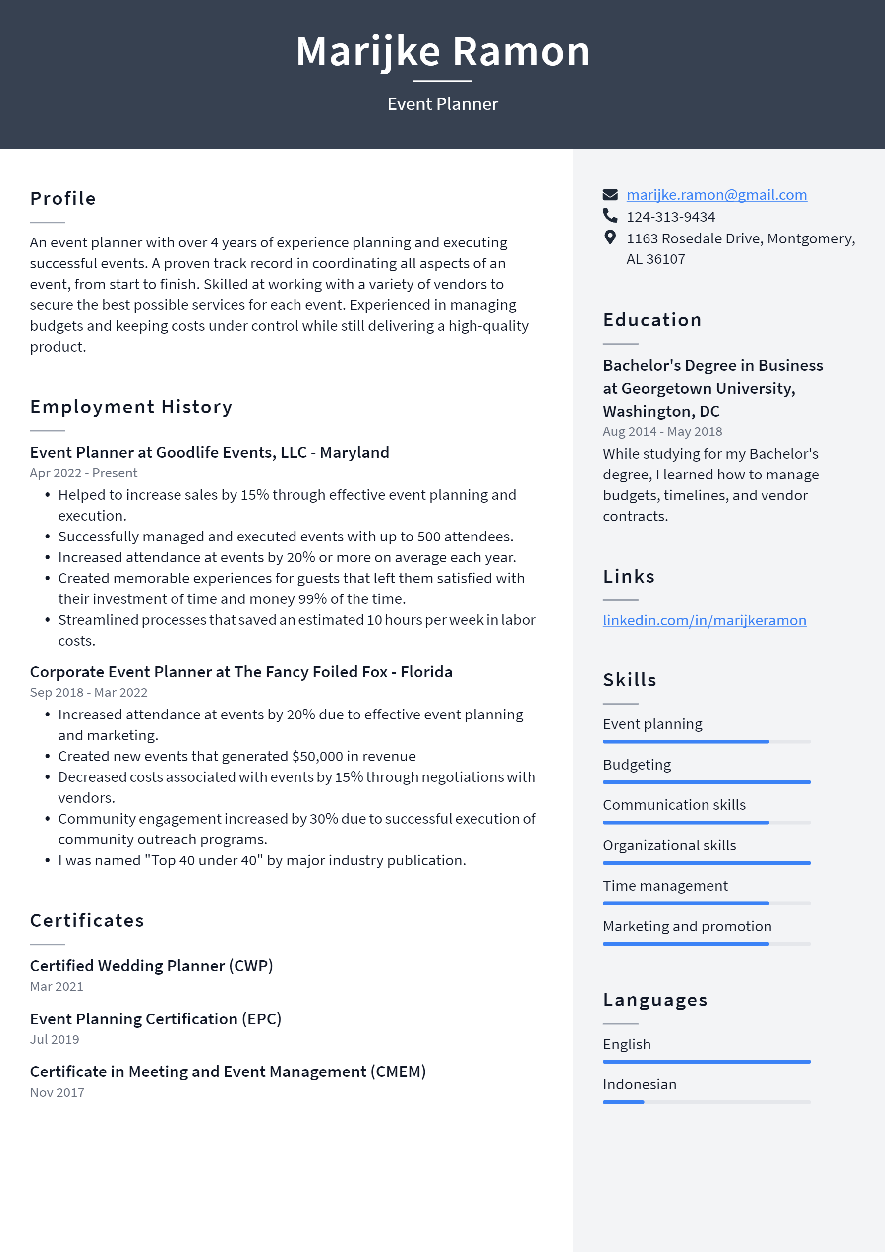 corporate event planner resume