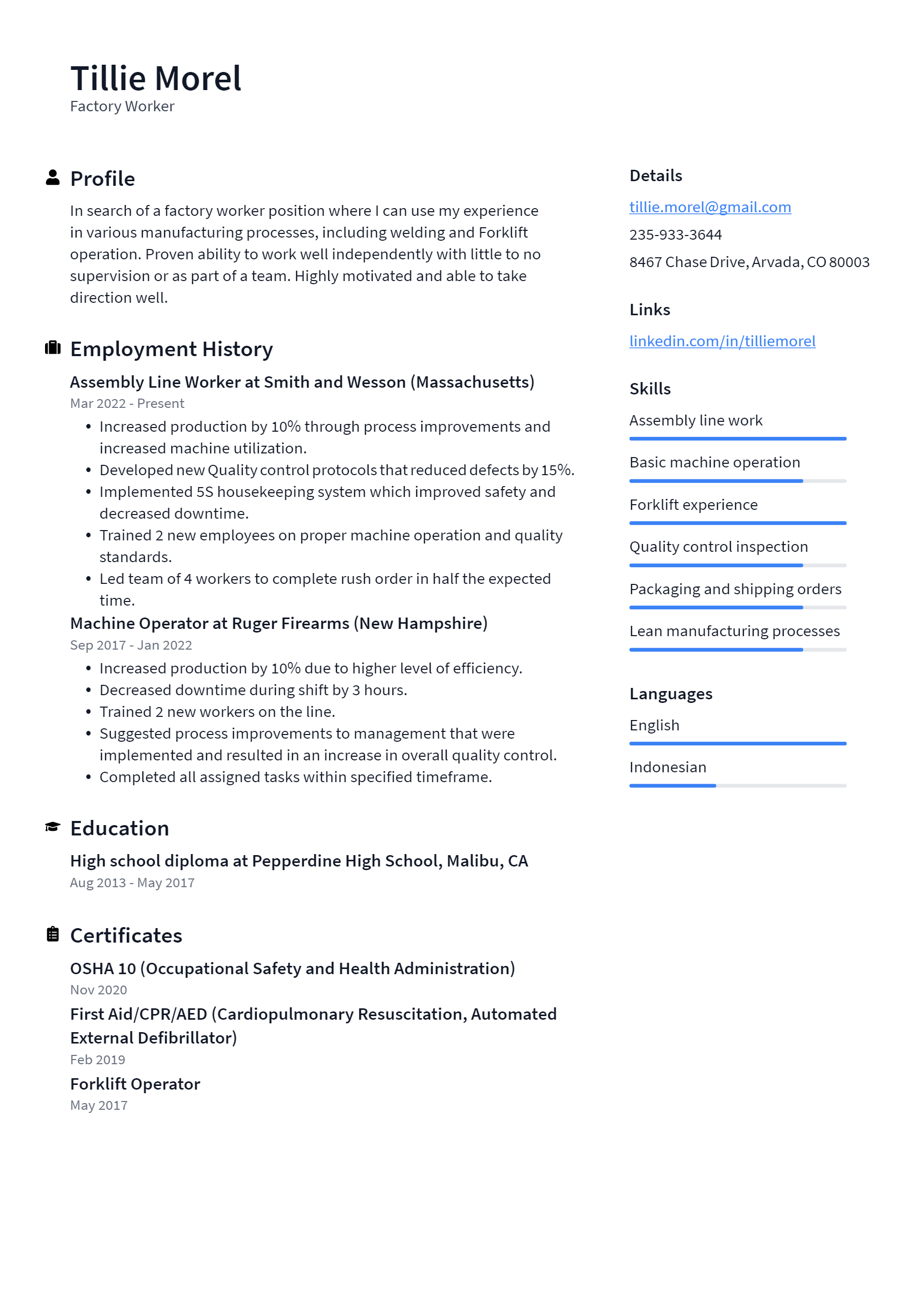 Factory Worker Resume Example and - Factory Worker Resume Example