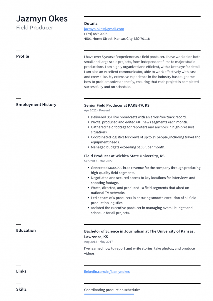 Field Producer Resume Example