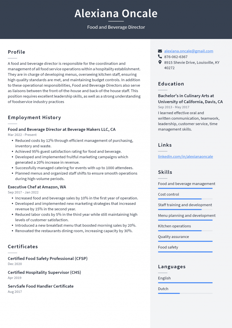 Food and Beverage Director Resume - Food And Beverage Director Resume Example 768x1086
