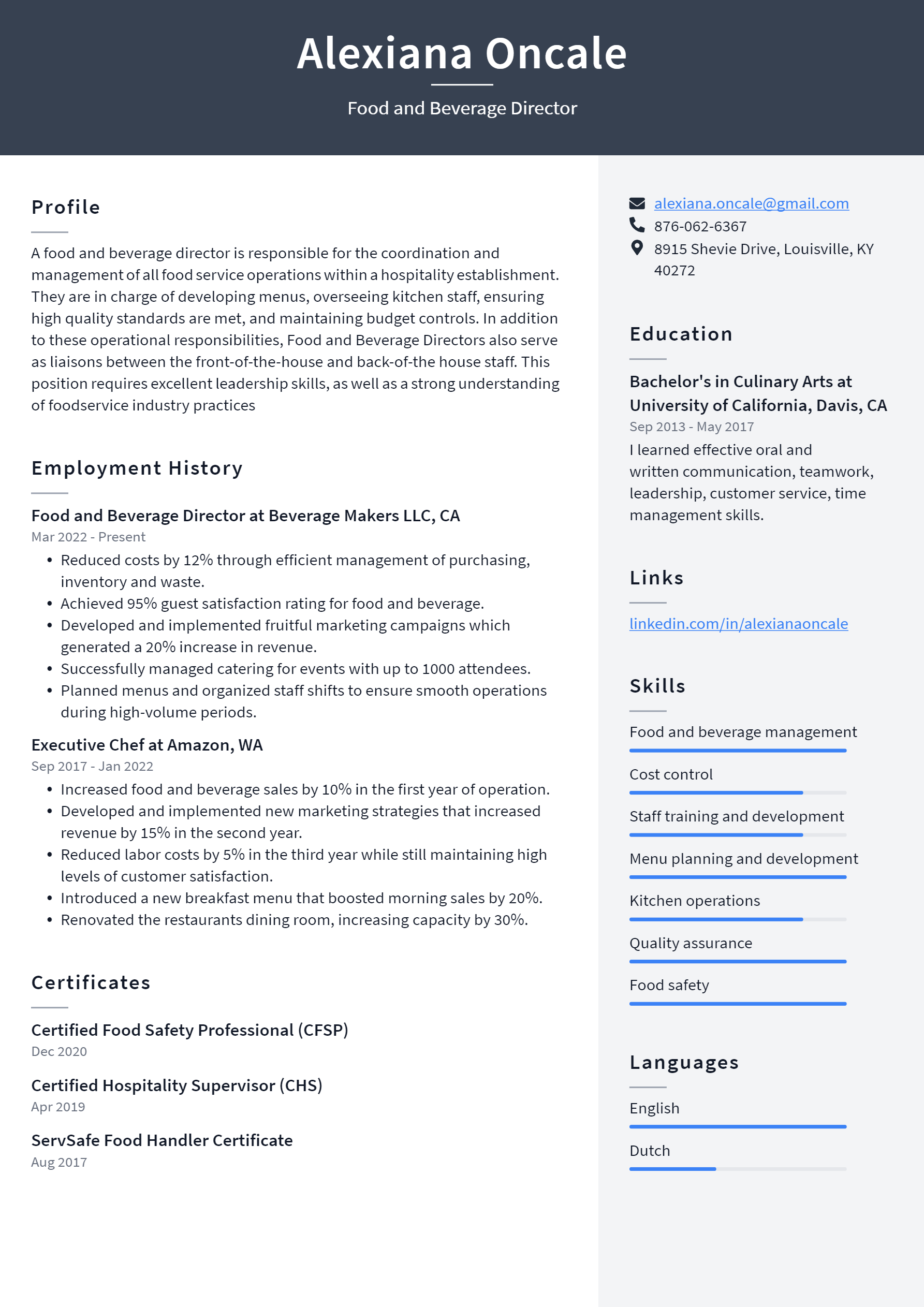 Food and Beverage Director Resume Example and Writing Guide - ResumeLawyer