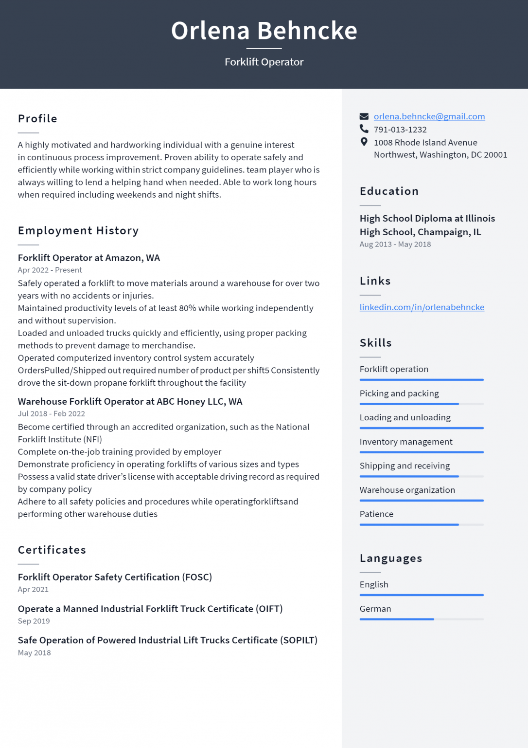 Forklift Operator Resume Example - Forklift Operator Resume Example 1086x1536 