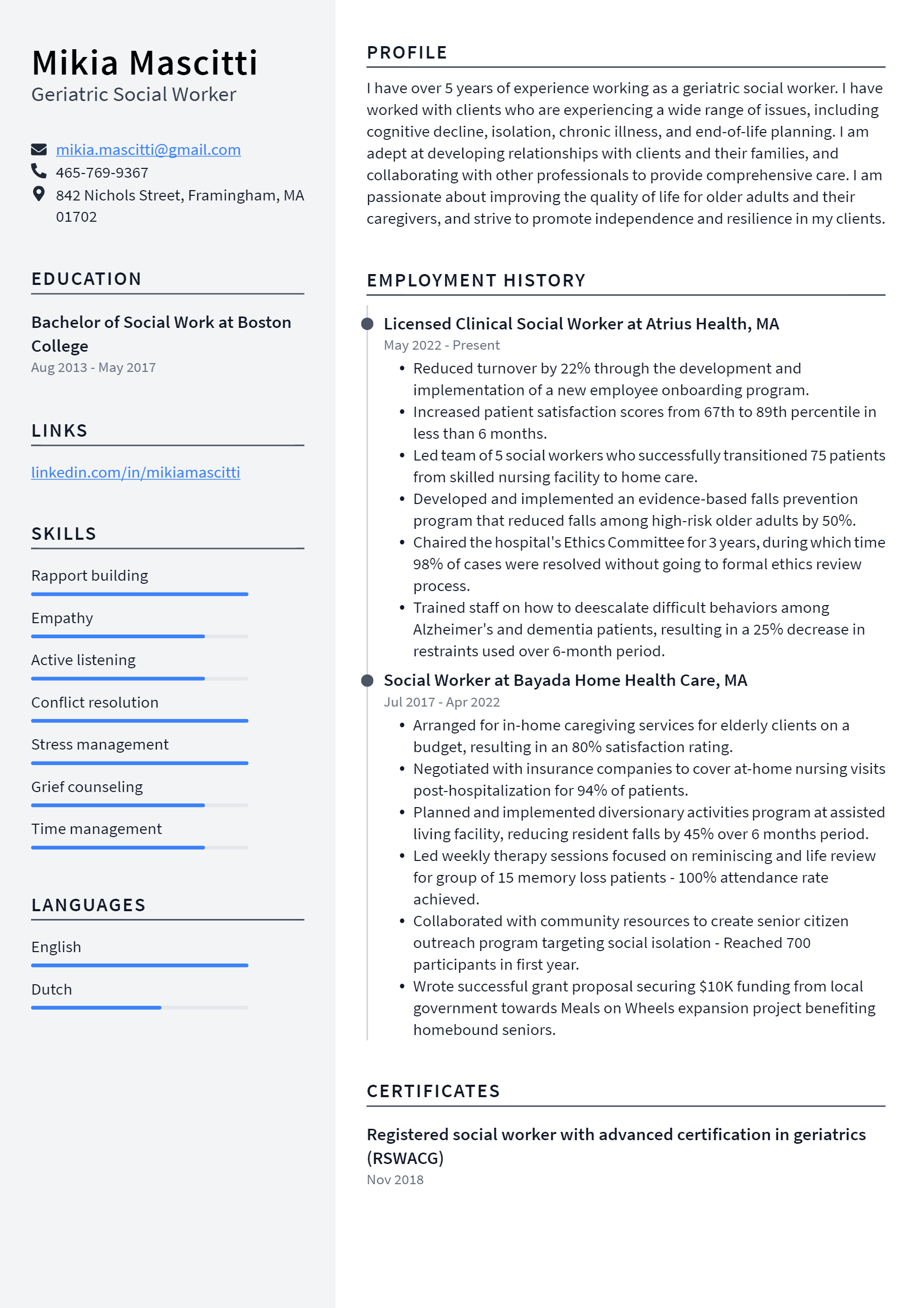 Geriatric Social Worker Resume Example and Writing Guide