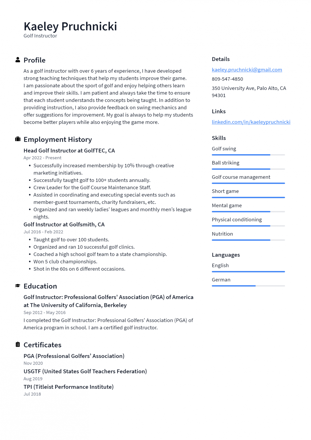 Golf Instructor Resume Example and Writing Guide - ResumeLawyer