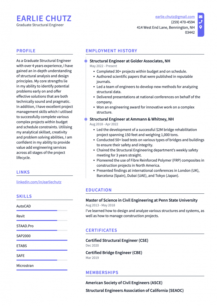 Graduate Structural Engineer Resume Example