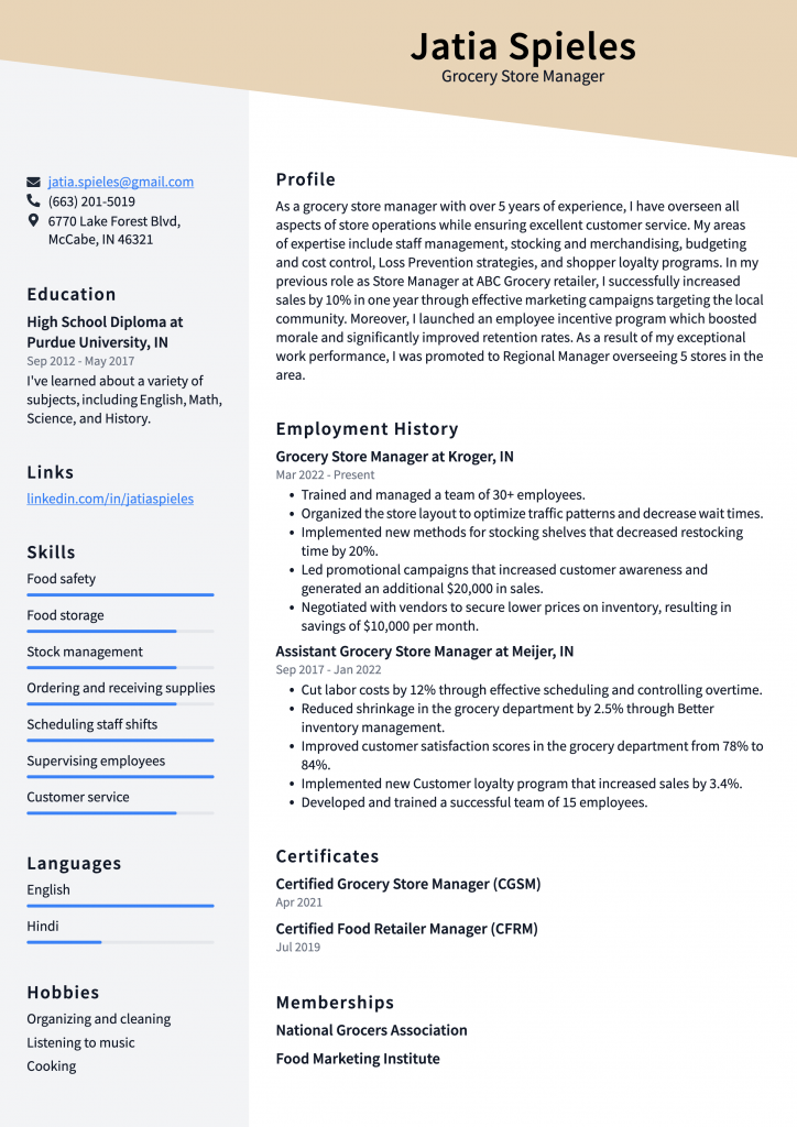 Grocery Store Manager Resume Example