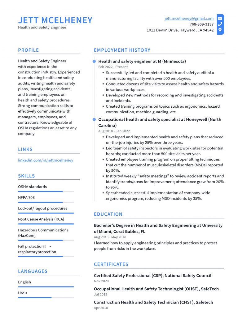 Health and Safety Engineer Resume Example and Writing Guide ResumeLawyer
