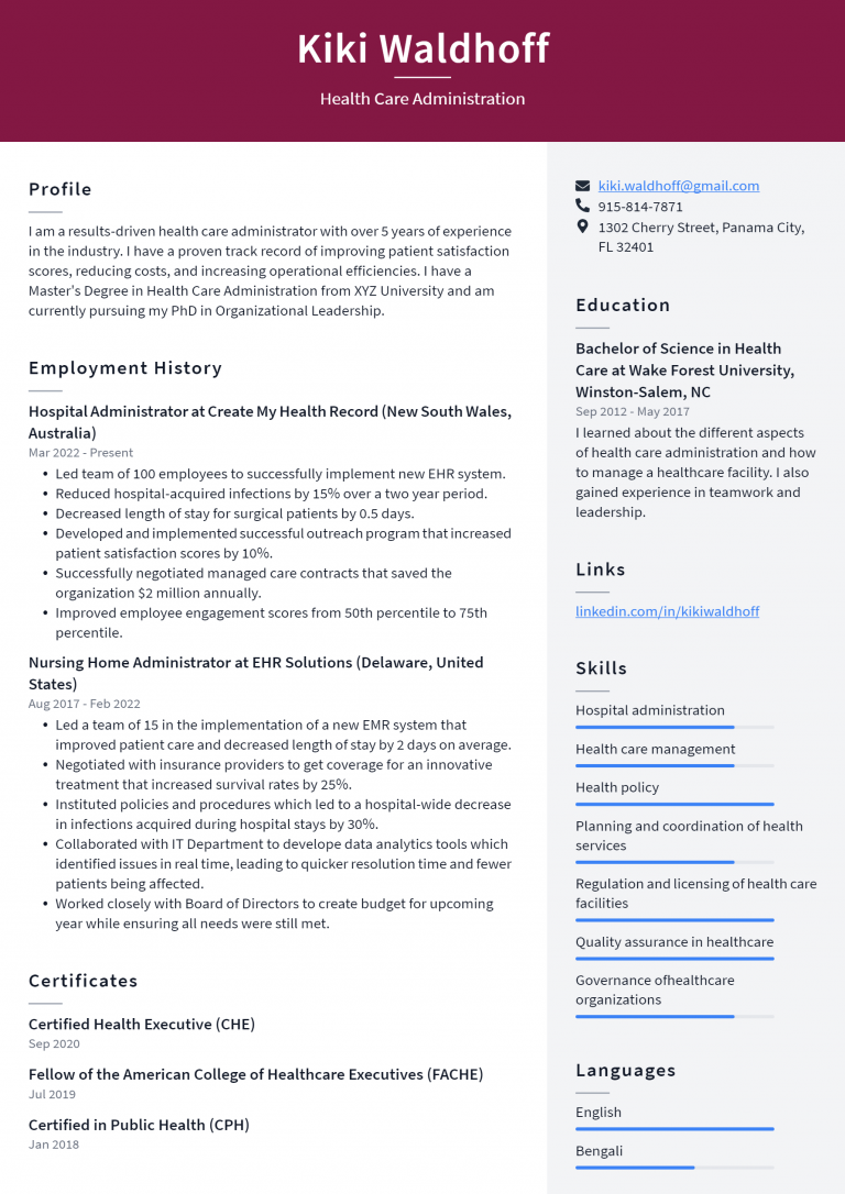 Health Care Administration Resume - Health Care Administration Resume Example 768x1086