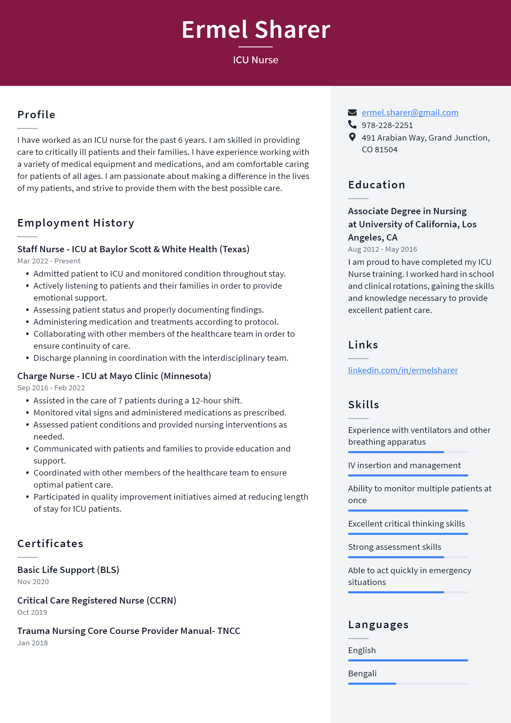 ICU Nurse Resume Example and Writing - Icu Nurse Resume Example 