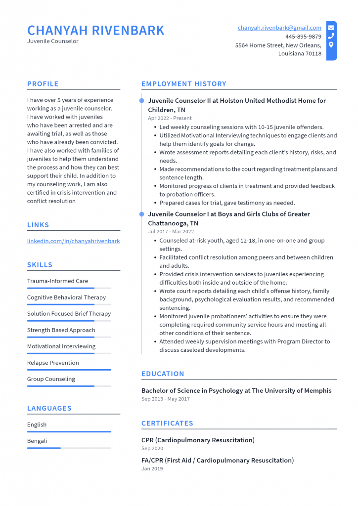 Juvenile Counselor Resume Example