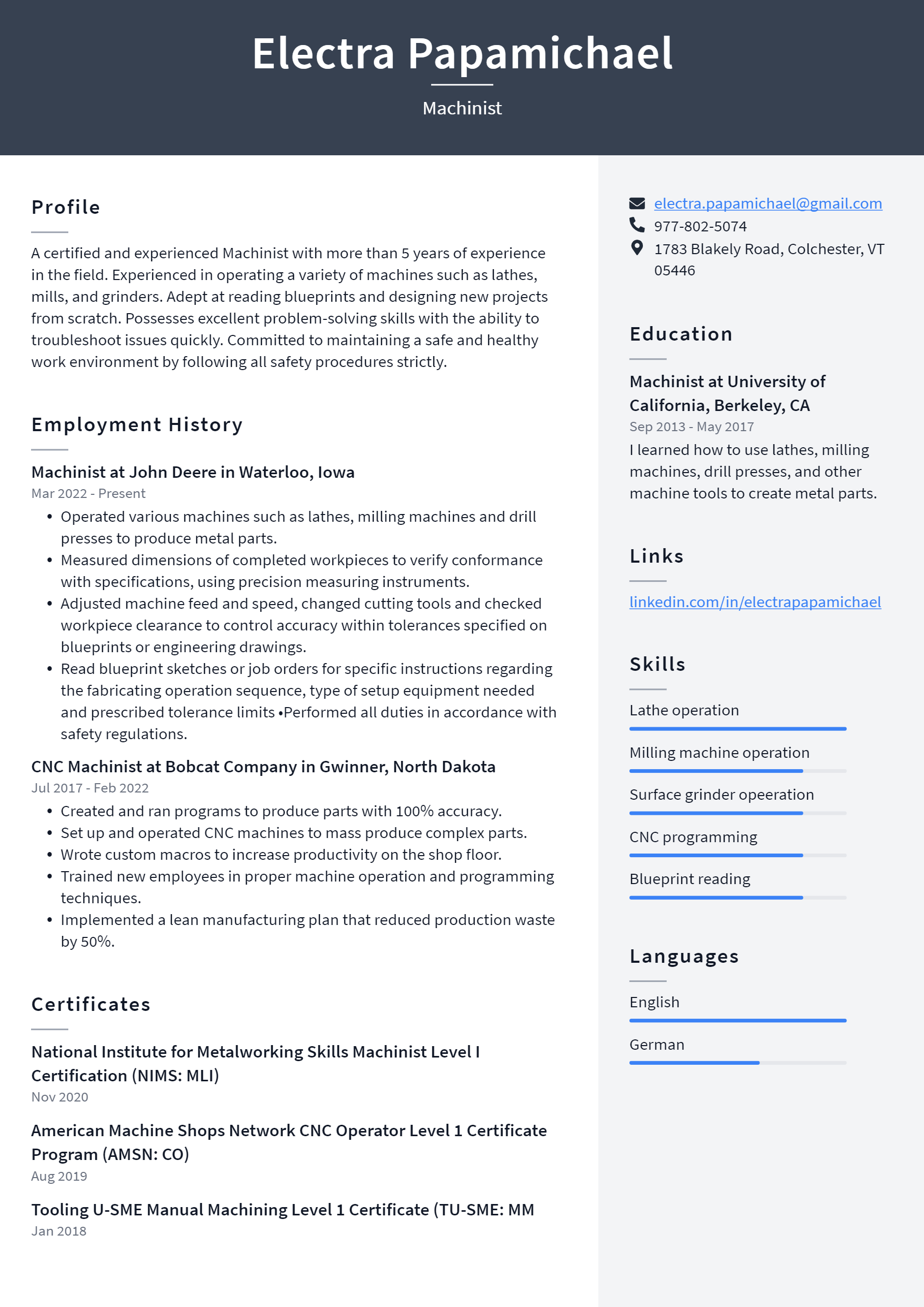 Machinist Resume Example and Writing Guide - ResumeLawyer