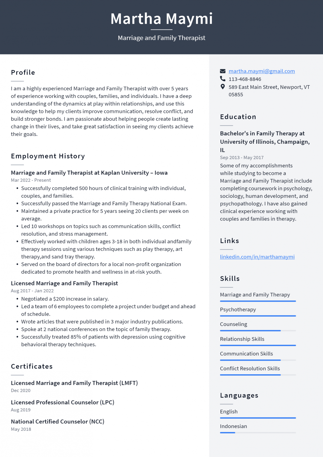 Marriage And Family Therapist Resume Example And Writing Guide