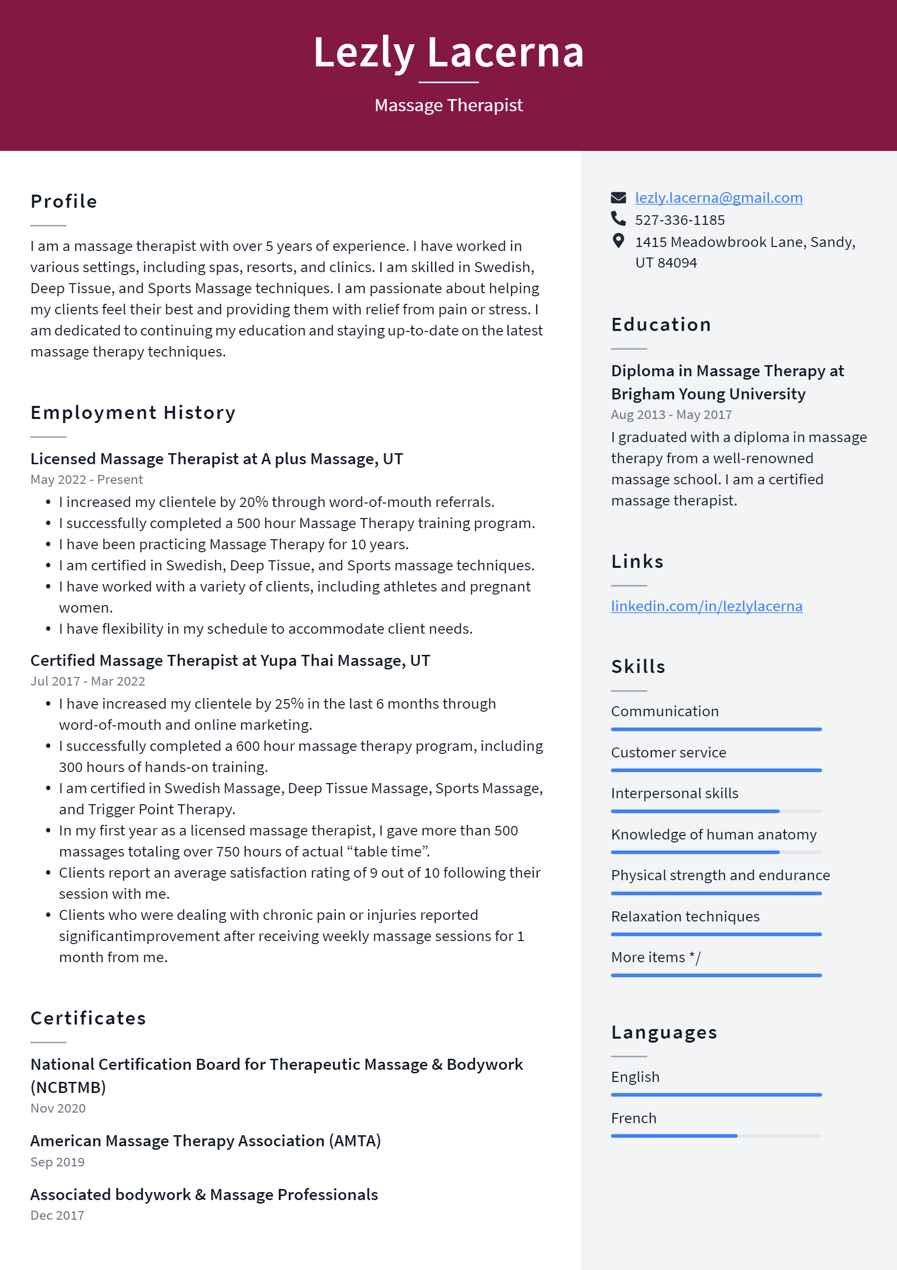 Massage Therapist Resume Example And Writing Guide Resumelawyer