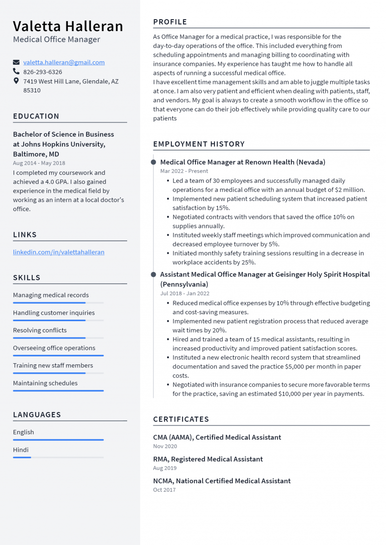 Medical Office Manager Resume Example and Writing Guide