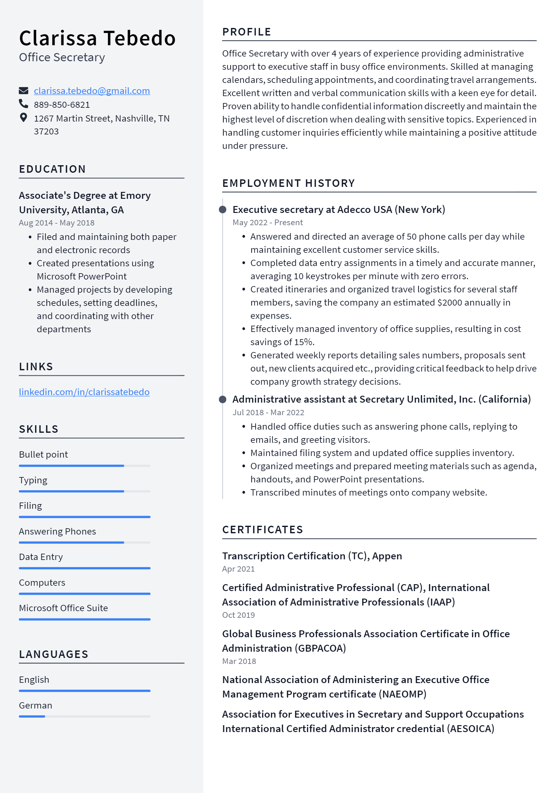 Office Secretary Resume Example and Writing Guide - ResumeLawyer