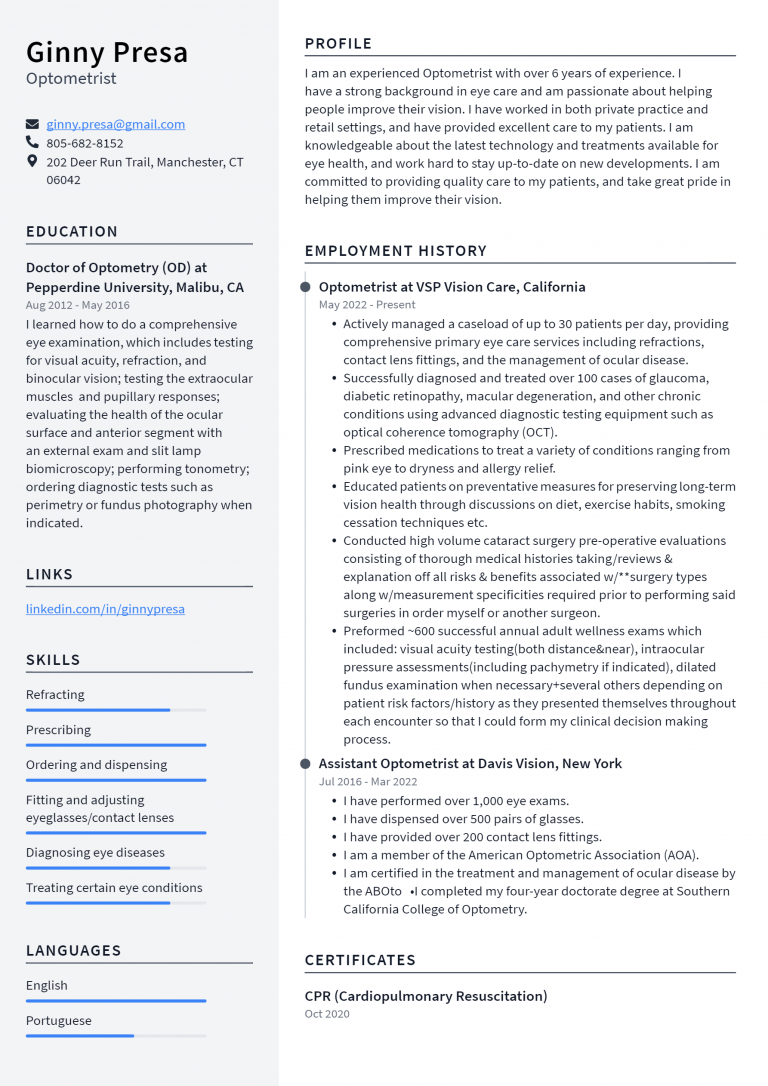 Optometrist Resume Example and Writing Guide - ResumeLawyer