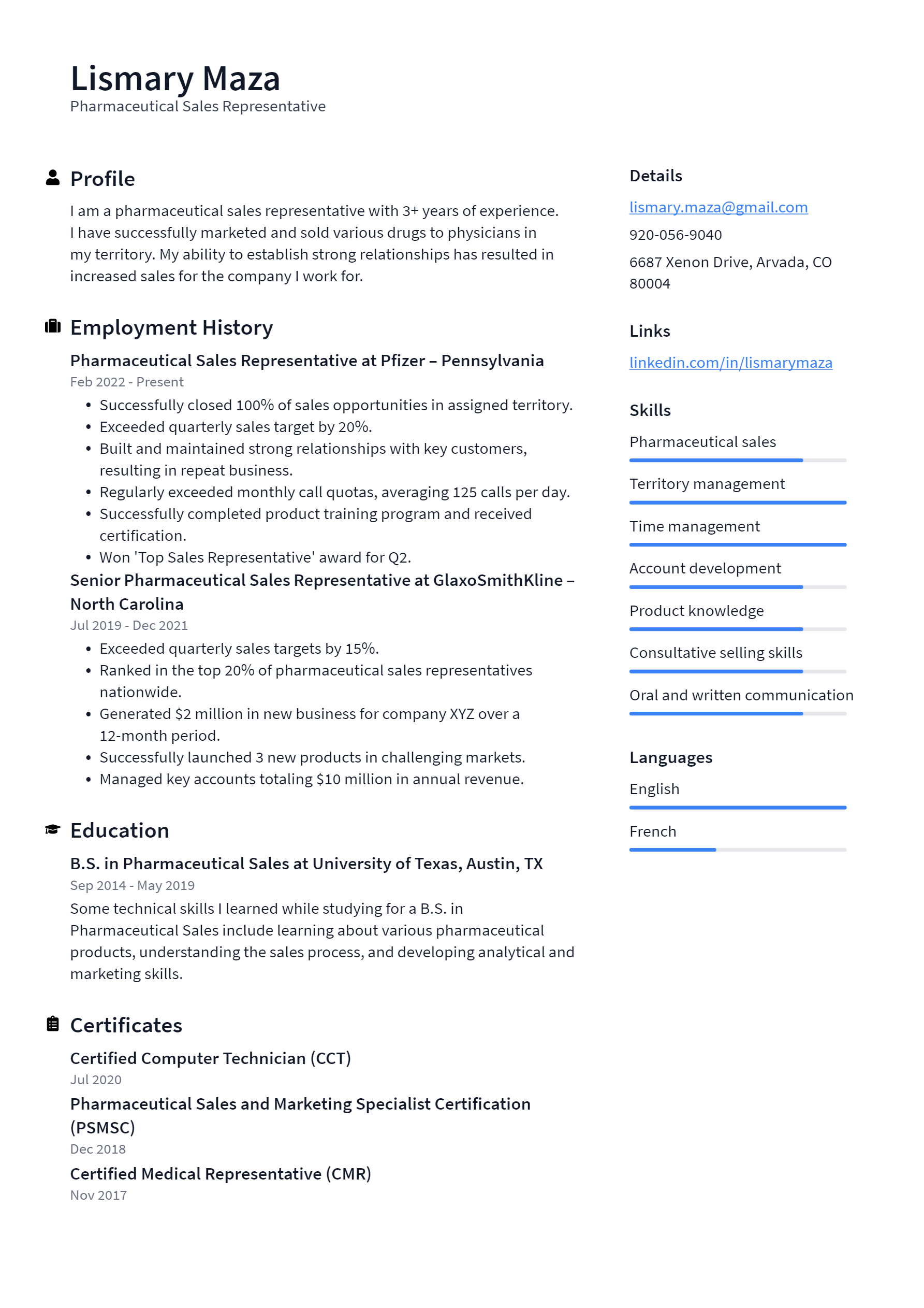 Pharmaceutical Sales Representative - Pharmaceutical Sales Representative Resume Example