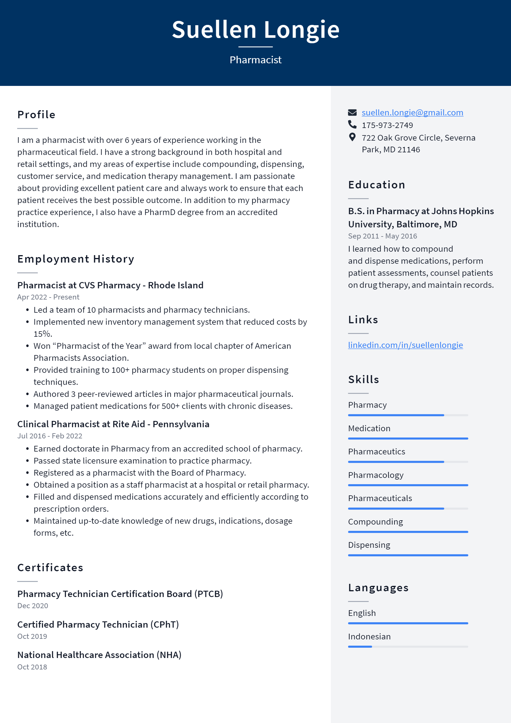 Pharmacist Resume Example and Writing - Pharmacist Resume Example 
