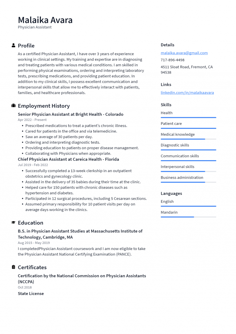 Physician Assistant Resume Example and Writing Guide - ResumeLawyer