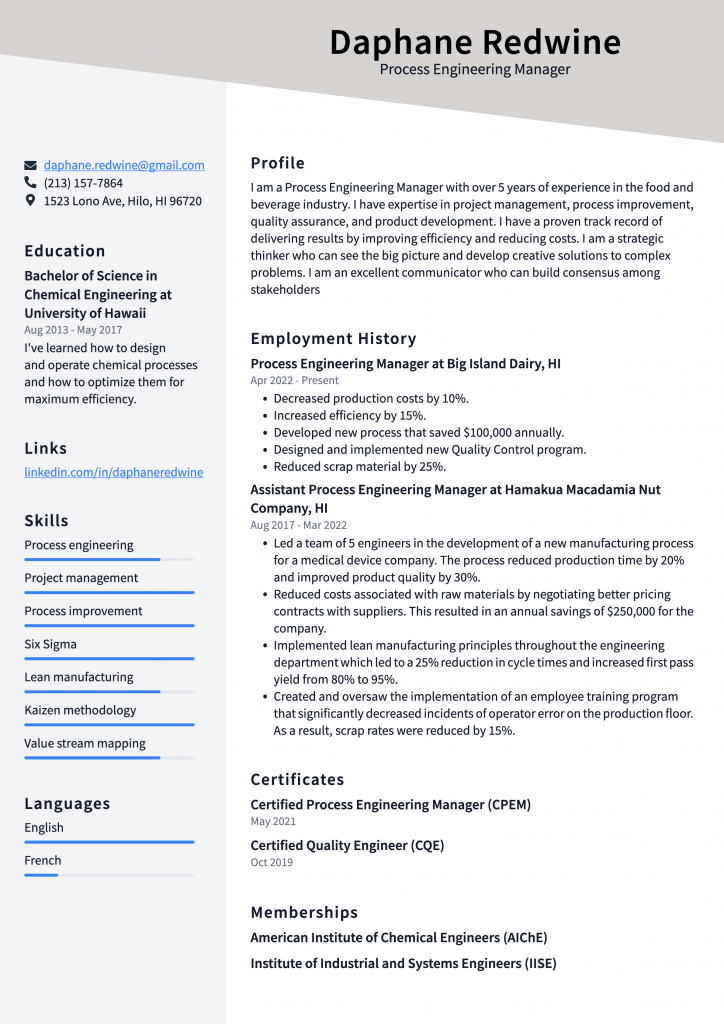 Process Engineering Manager Resume Example